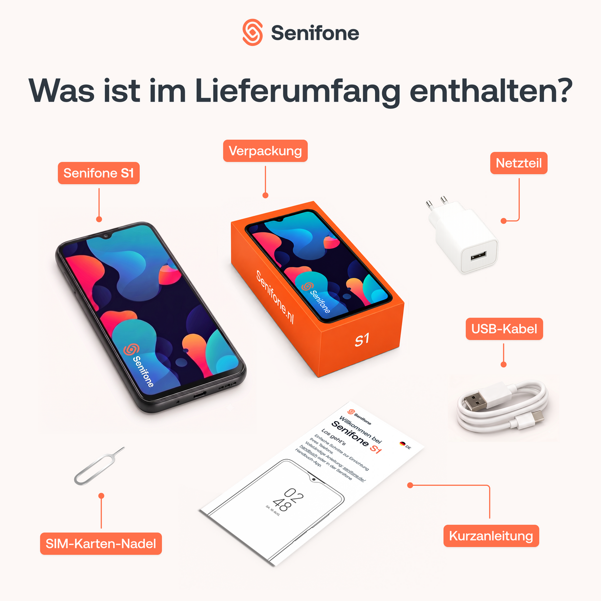 Lieferumfang des Senifone S1: Smartphone, Verpackung, Netzteil, USB-Kabel, SIM-Karten-Nadel und deutsche Kurzanleitung.