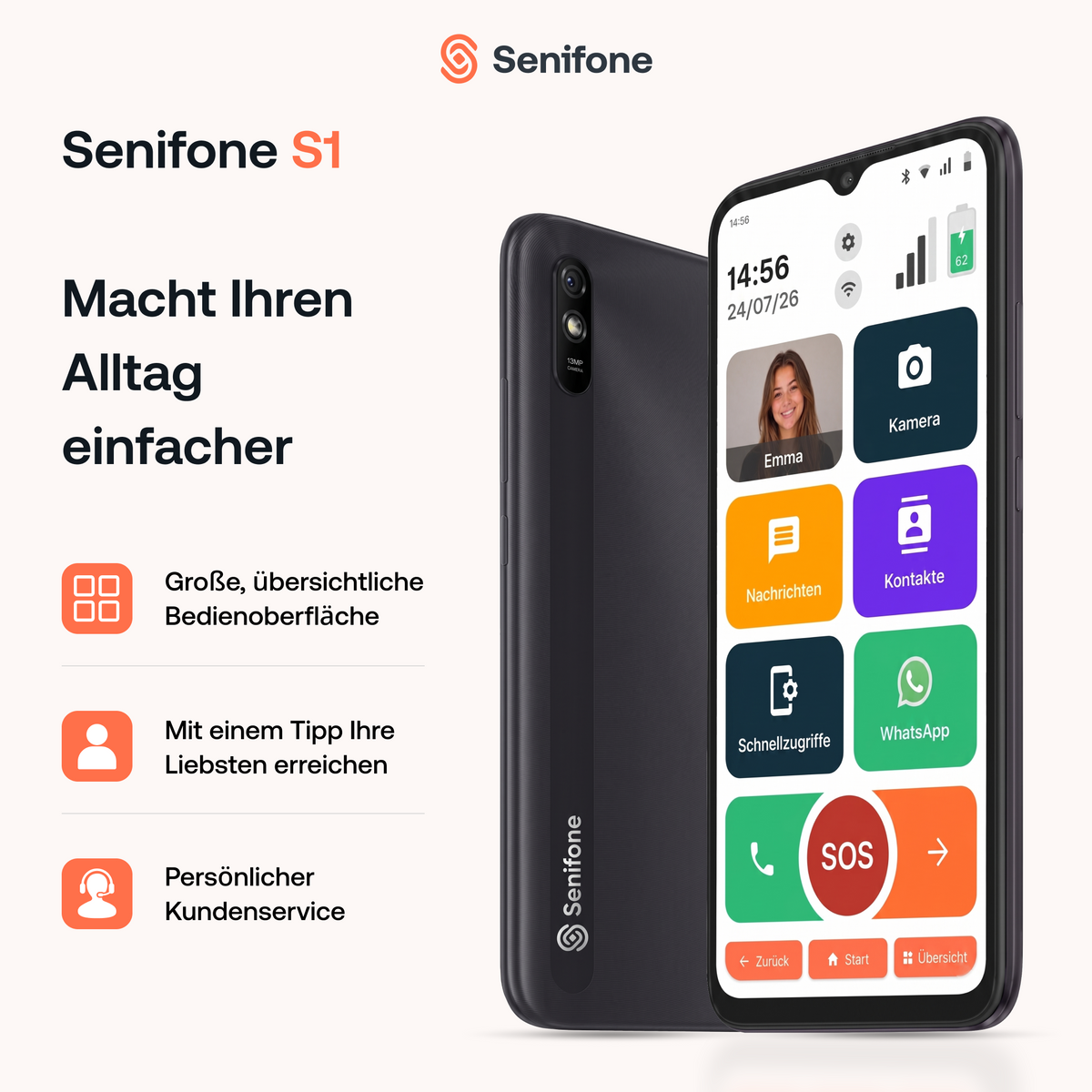 Senifone S1 mit großer, übersichtlicher Bedienoberfläche, Fotokontakten für direkte Anrufe und persönlichem Kundenservice.
