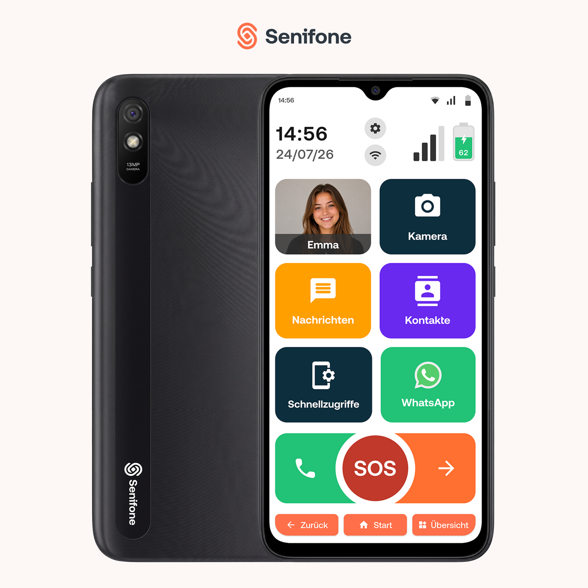 Senifone S1 in Schwarz von vorne und hinten mit deutscher Bedienoberfläche, großen App-Tasten und SOS-Taste.